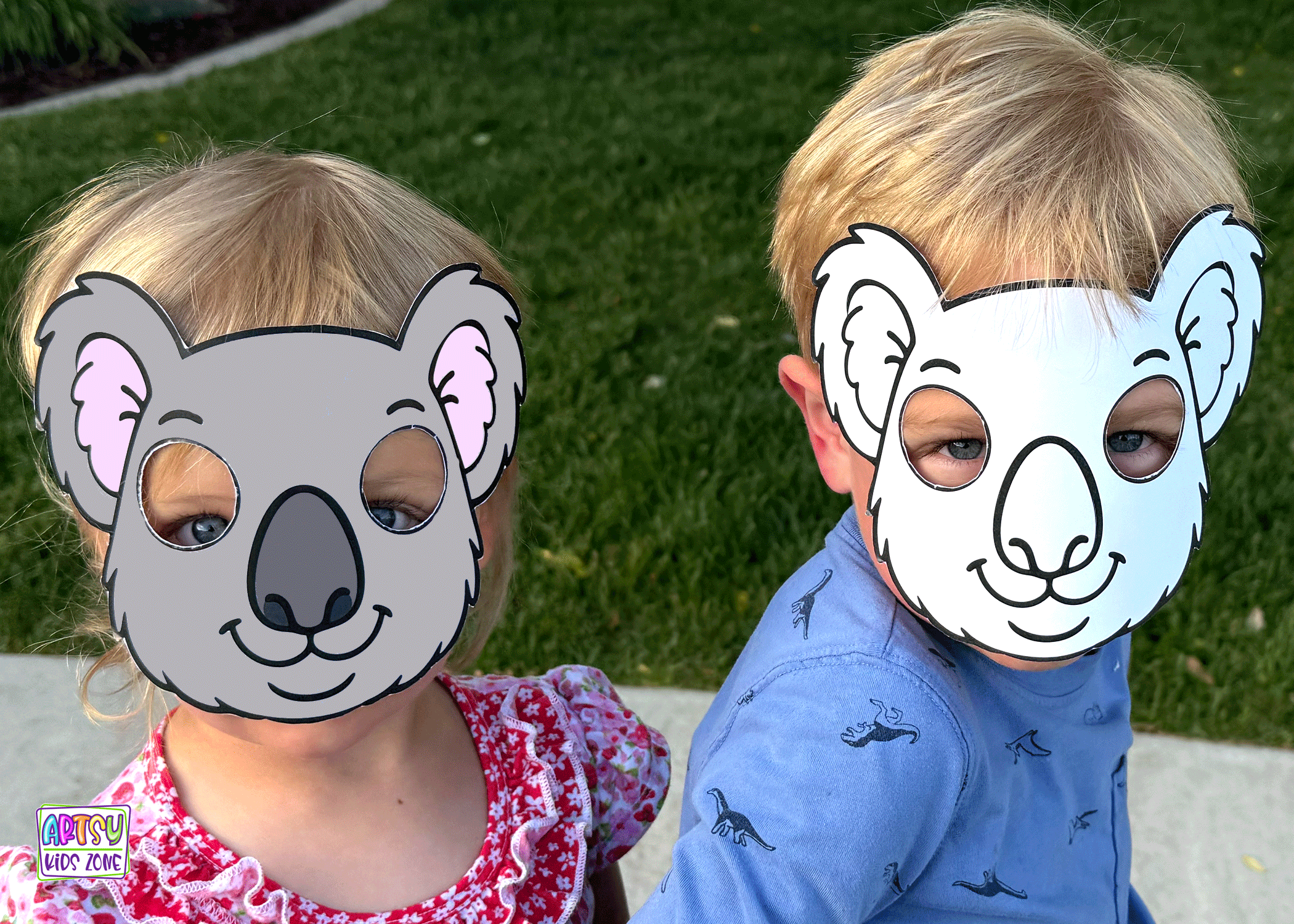 Kids wearing completed Koala Paper Masks.