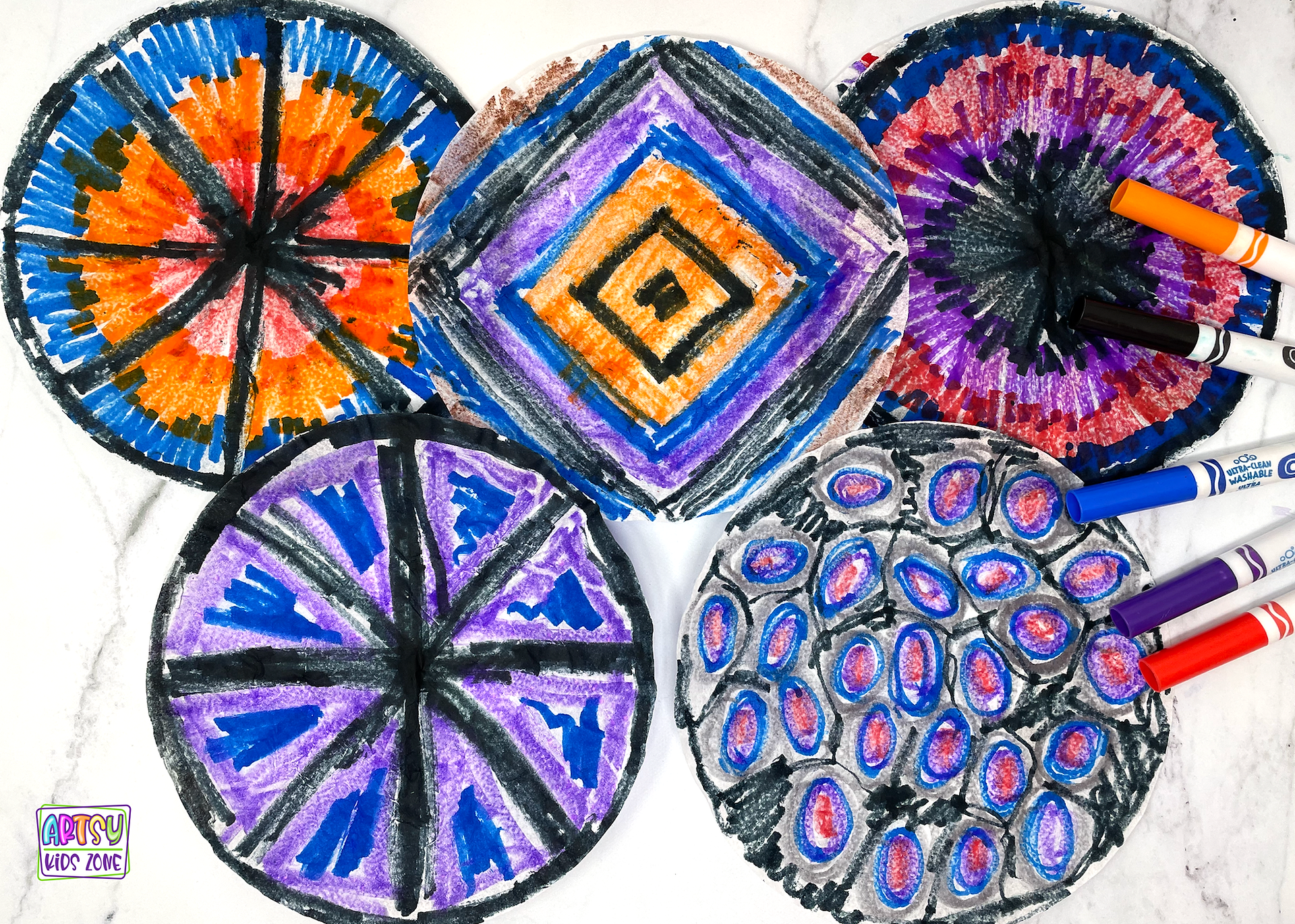 Example of 5 unique coffee filters colored in.