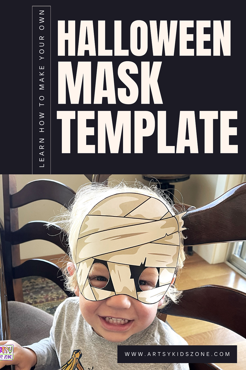 Boy wearing mummy mask.