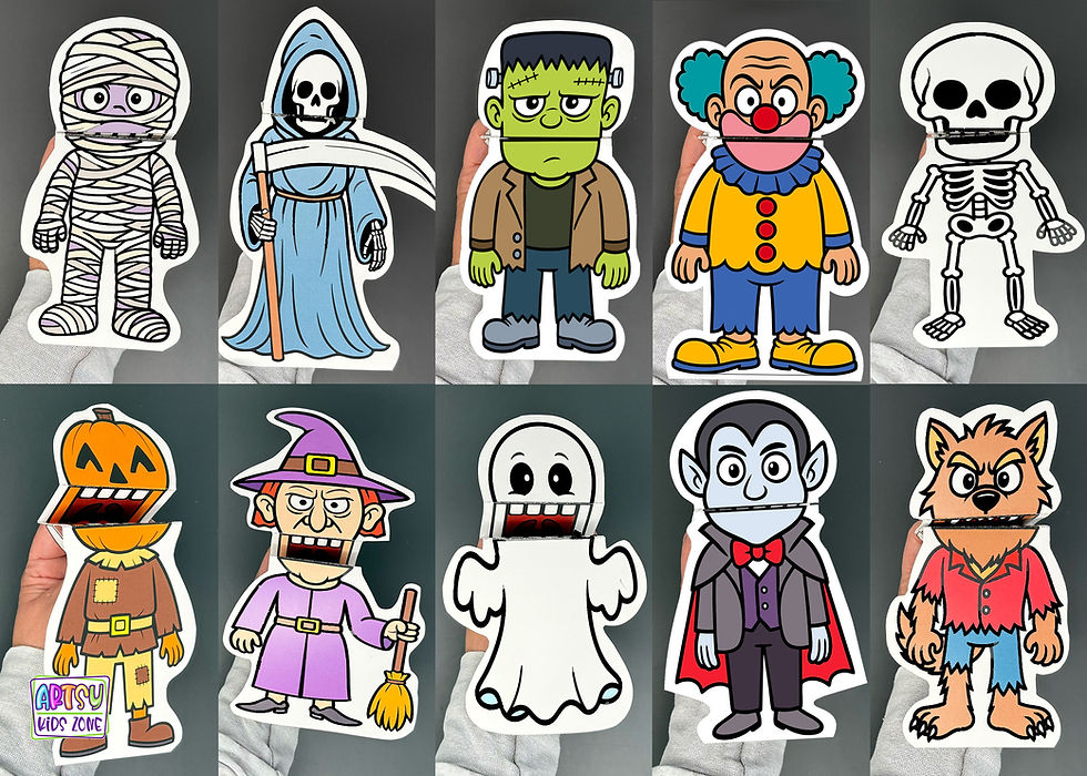 10 unique Halloween Monsters finger puppets.