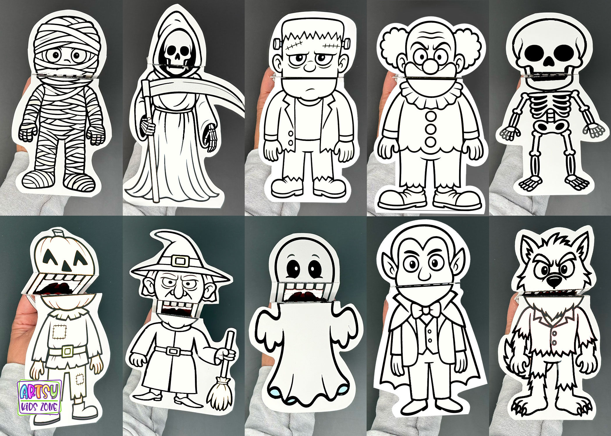 Printable Halloween Finger Puppets for Kids – Black & White DIY Craft Set of 10