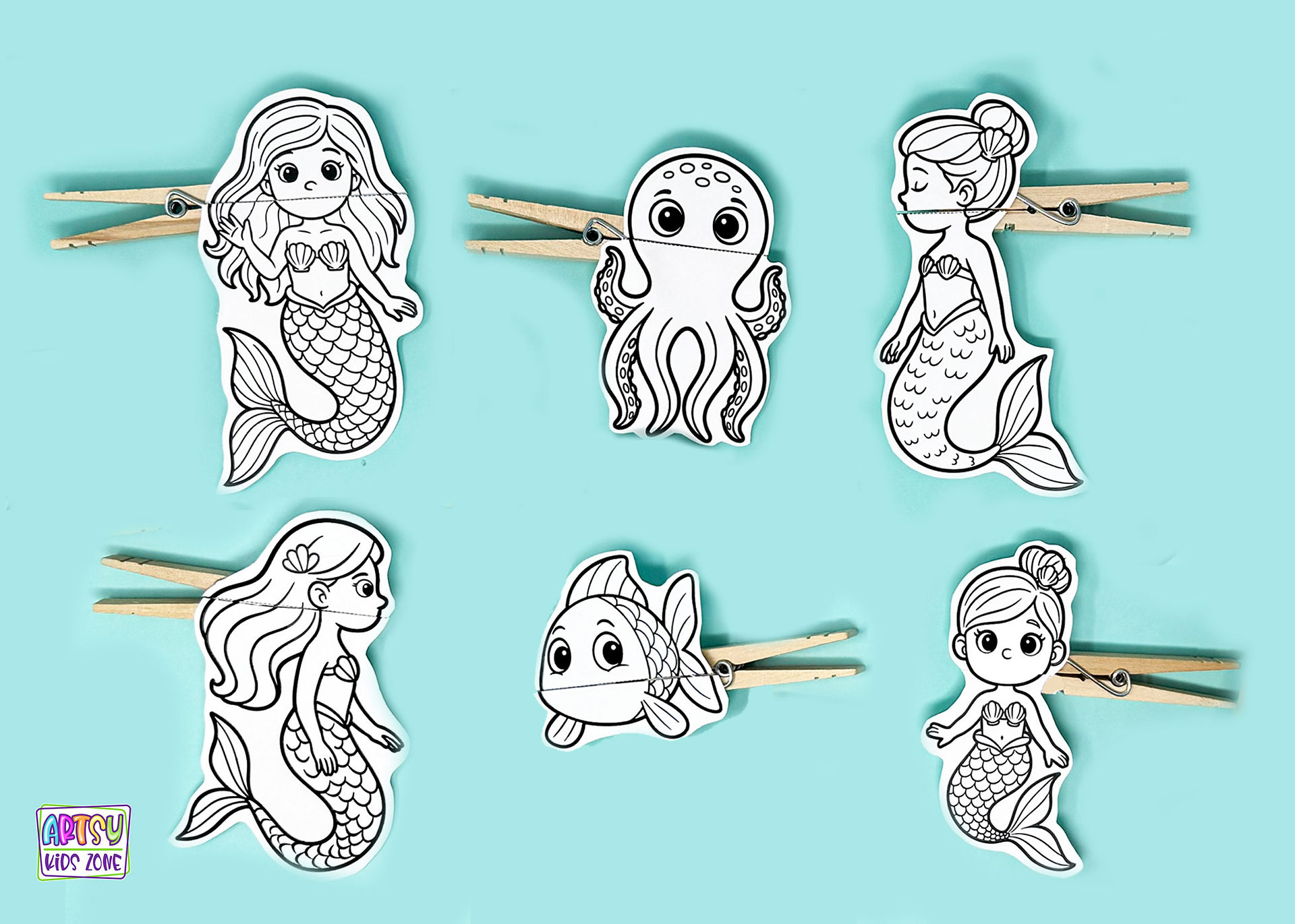 Mermaid clothespin puppets.