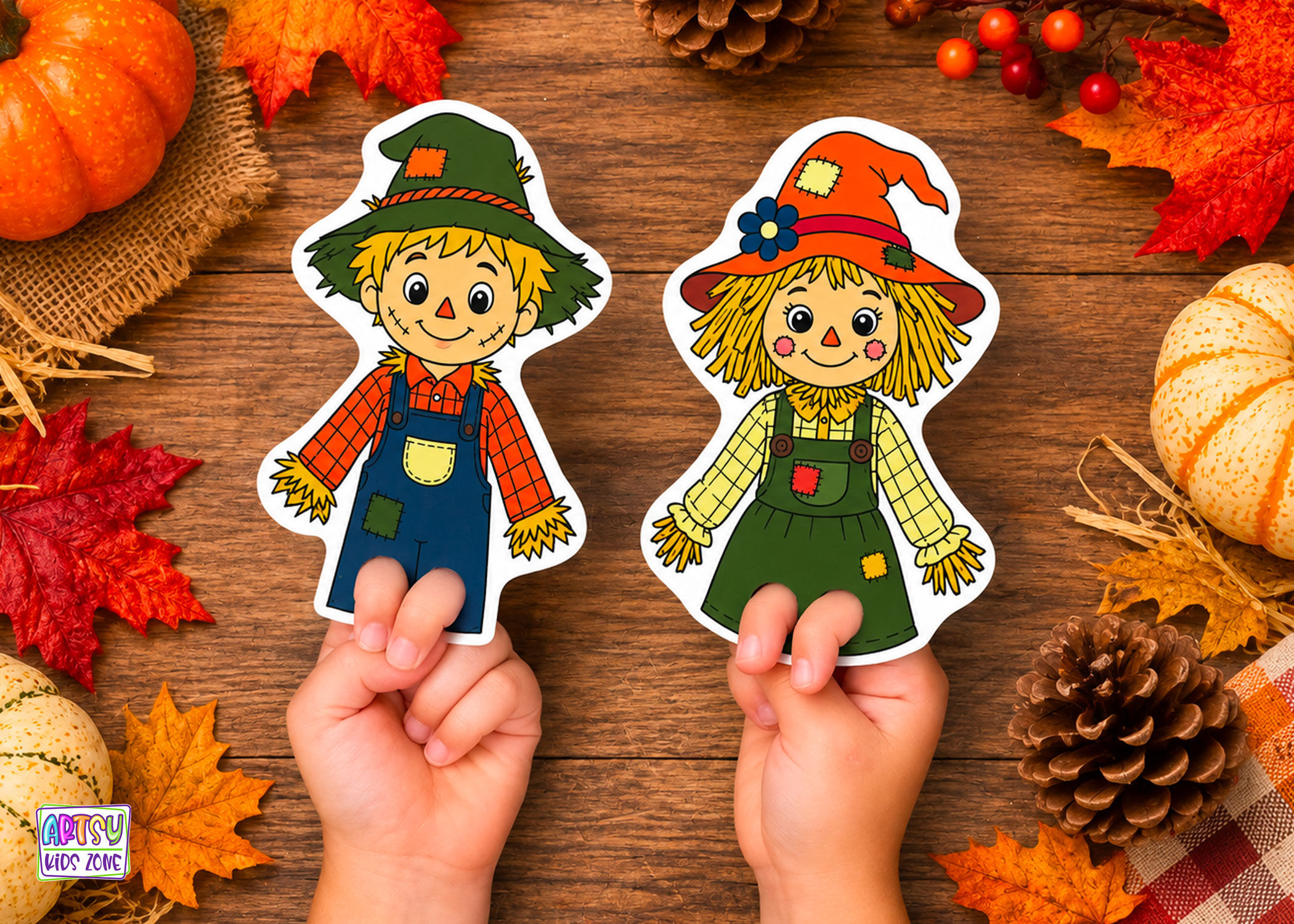 Printable Scarecrow Finger Puppets for Kids – Full Color Fall Paper Craft