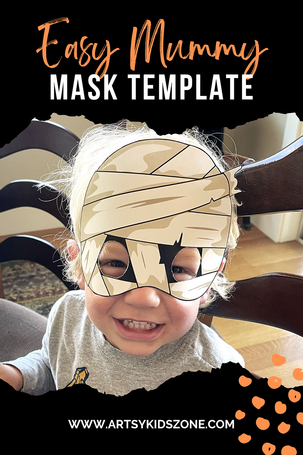 Boy wearing mummy mask.