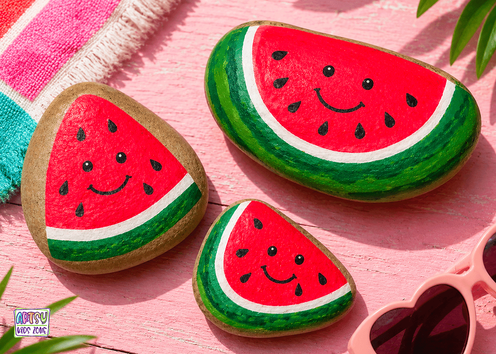 Rocks painted to look like watermelons.