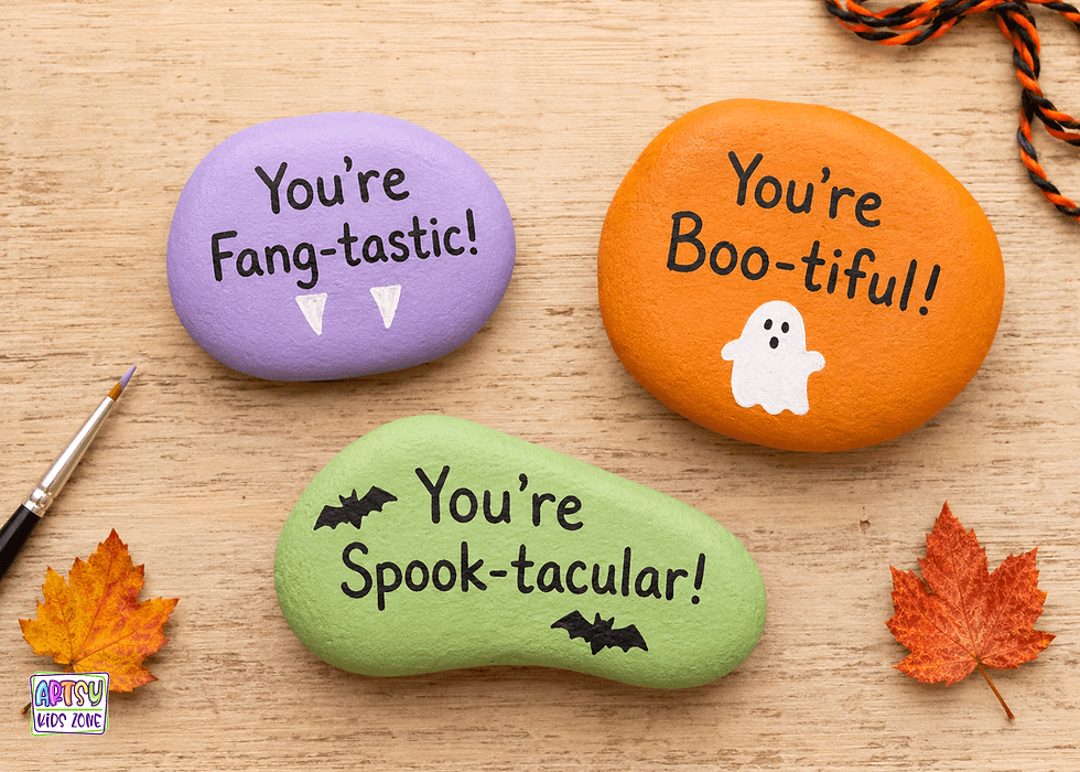Motivational Halloween Rocks painted in bright colors.