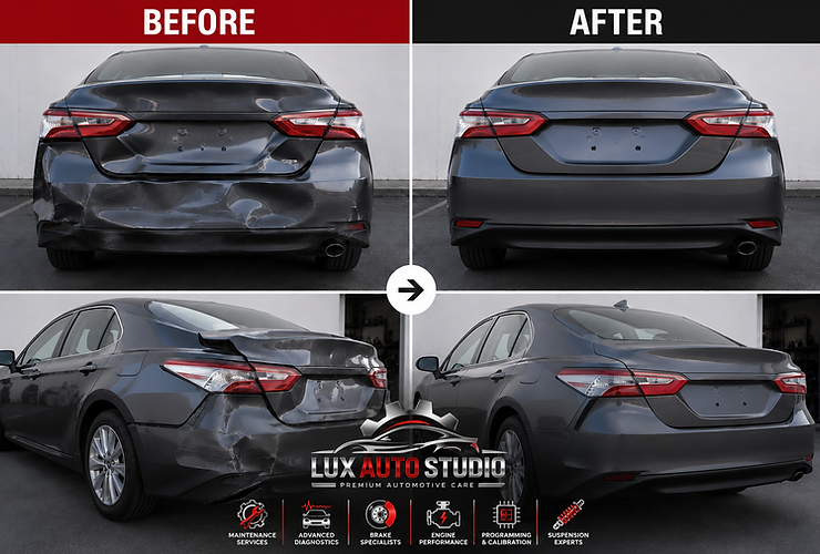 Before and after collision repair at Lux Auto Studio in Van Nuys