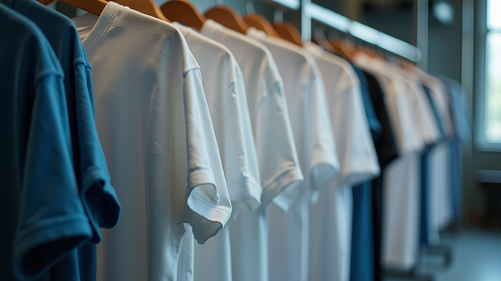 Eye-level view of a row of printed t-shirts drying on racks