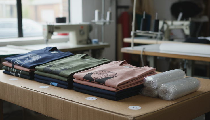 Close-up view of folded finished T-shirts sorted by size on a packing table.