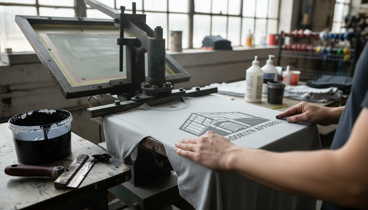 Eye-level view of a screen printer checking a sample T-shirt on a press inside a Brooklyn print shop.