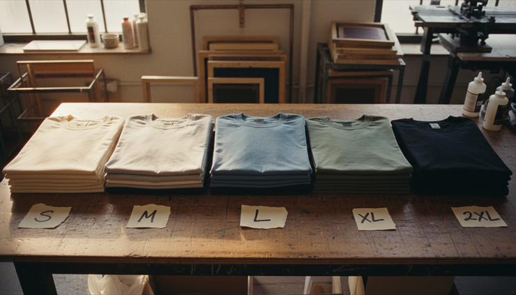 Overhead view of T-shirts sorted by size labels on a worktable.