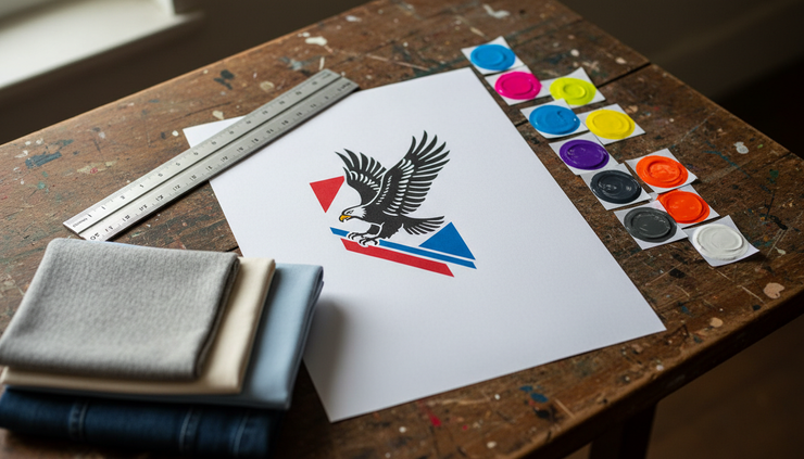 Close-up view of a printed design file beside ink swatches on a worktable.