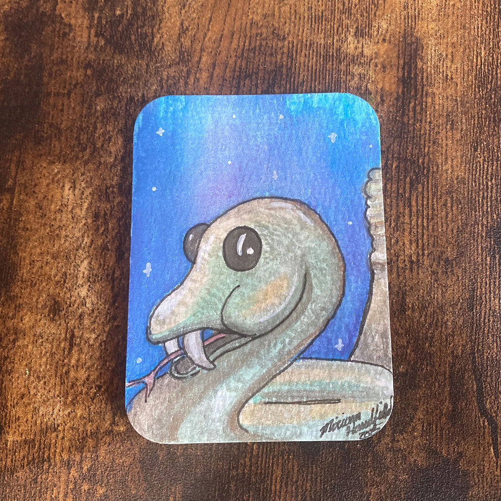 hand drawn hand painted green and gold cute snake with big black eyes. Blue sparkly background