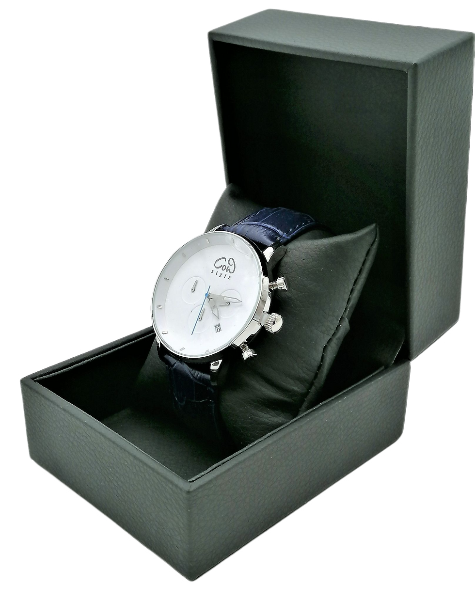 Miniaturbild: CHRONO Blue Leather | Modernes Accessoire mit silbernem Chronographen-Gehäuse