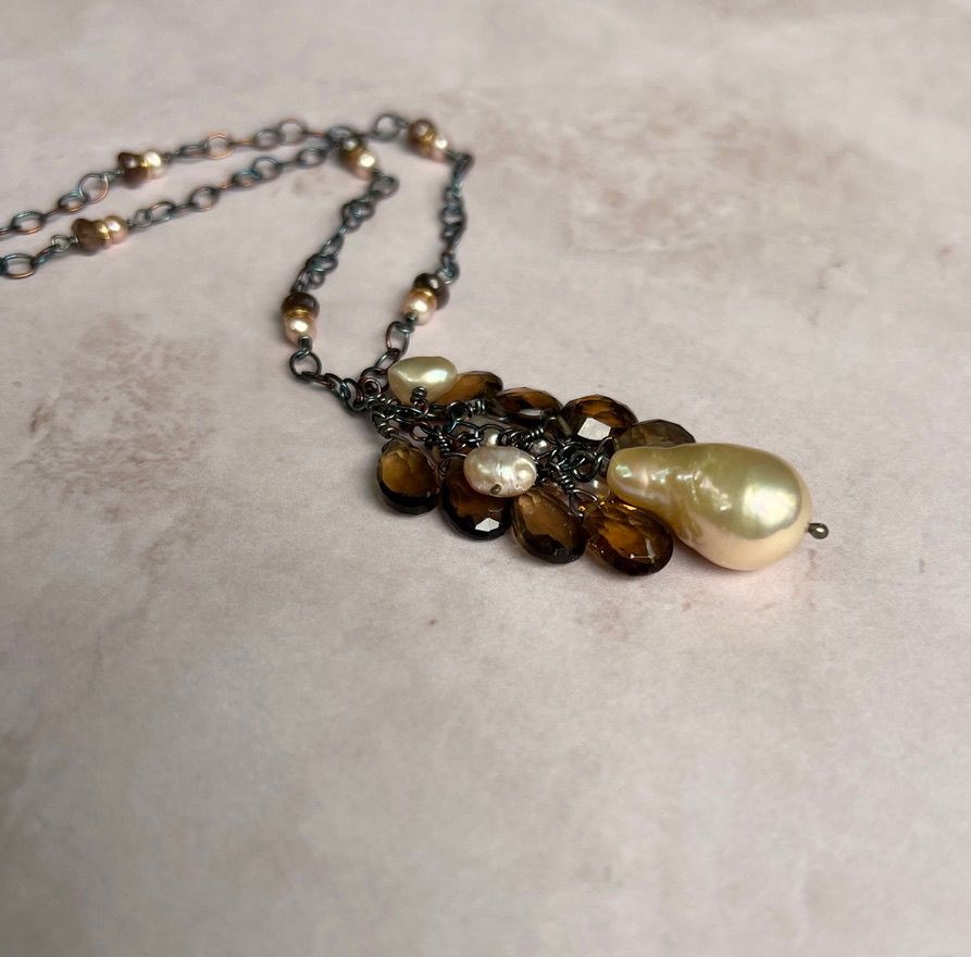 Smoky Topaz and Apricot Pearl Cluster Necklace