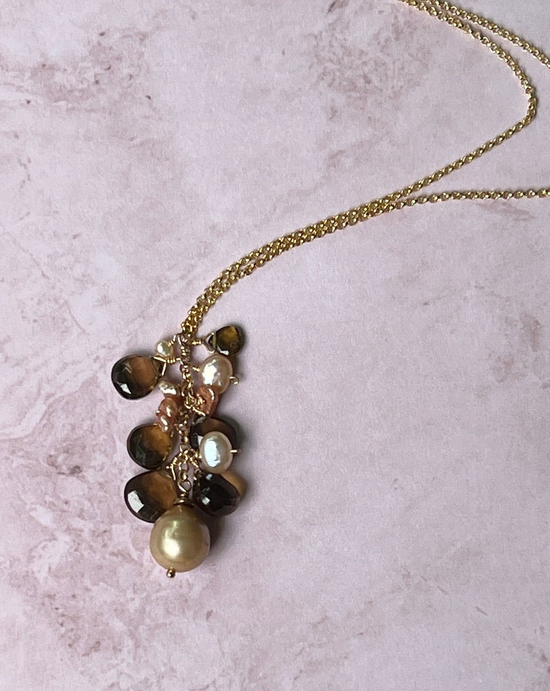 Smoky Topaz and Pearl Cluster Necklace