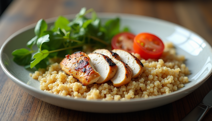 Eye-level view of a balanced plate with chicken breast, quinoa, and steamed vegetables