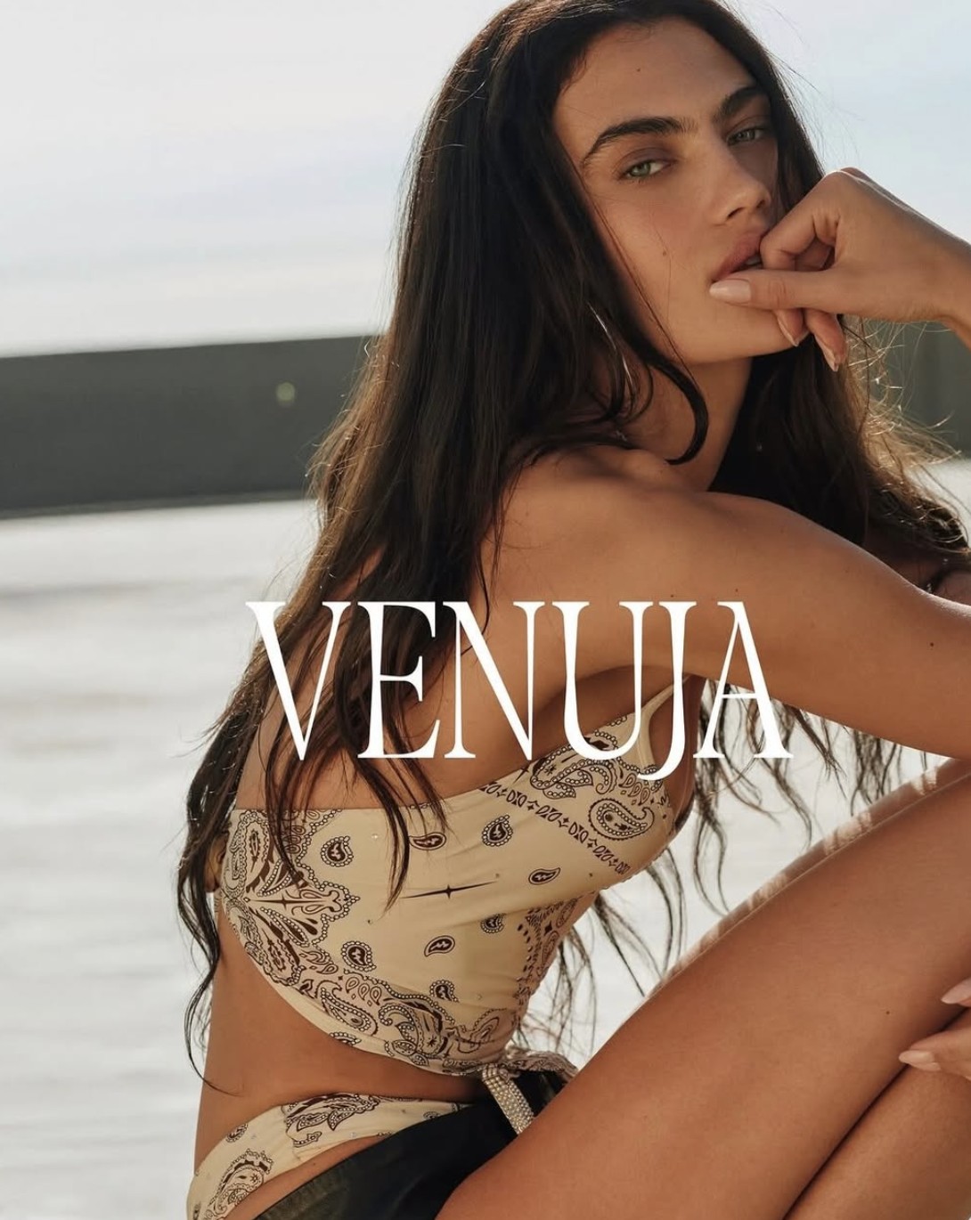 Model in a bandana-print top for Venuja