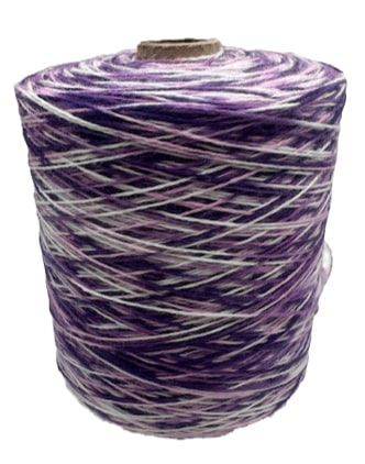 Miniature : Purple and white mixed yarn cone with textured strands.