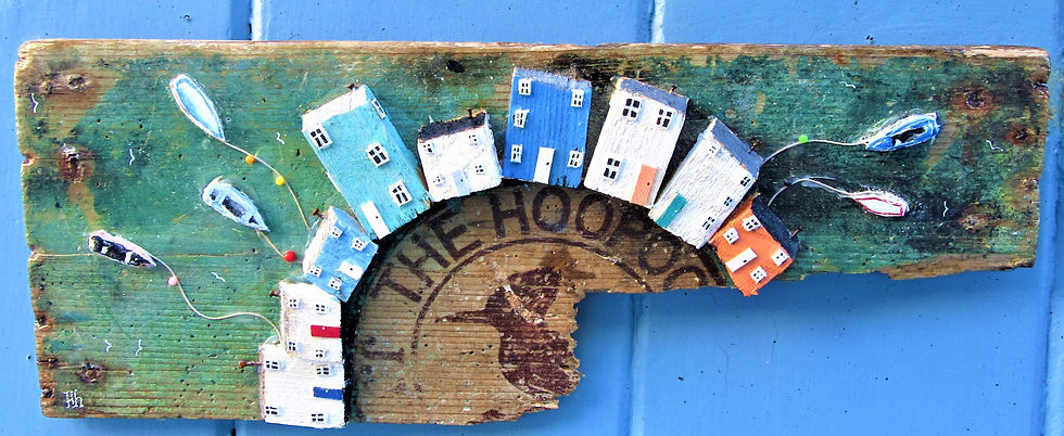 Driftwood Houses on a Driftwood Board with Boats
