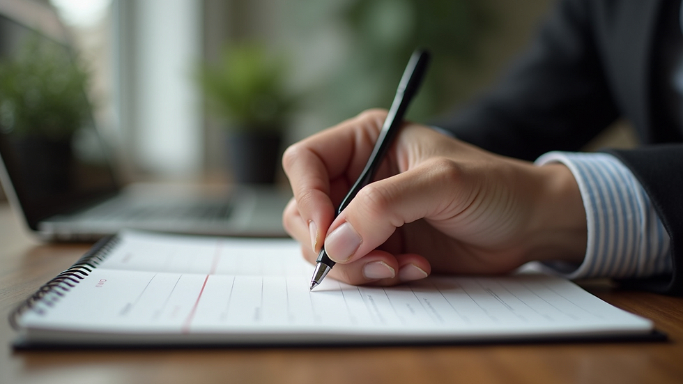 Close-up view of a person writing in a journal with a pen