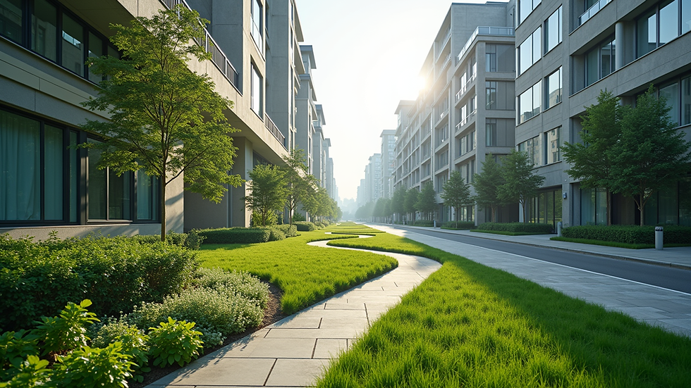 Wide angle view of a resilient urban landscape with green infrastructure