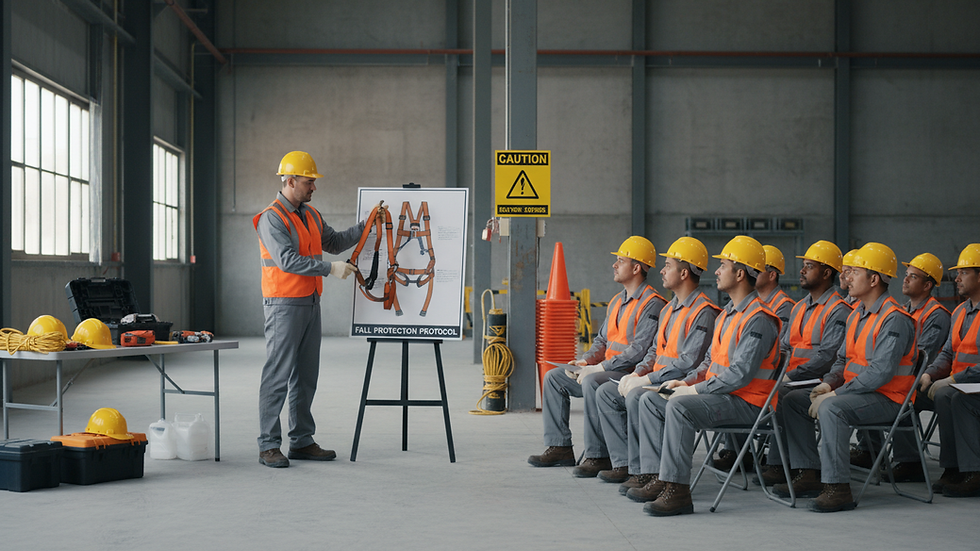 Eye-level view of a construction site with safety equipment