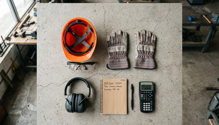 Top-down view of safety equipment arranged on a concrete floor with a notebook and calculator