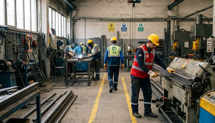 Wide-angle view of workers practicing safe movement in an industrial workshop