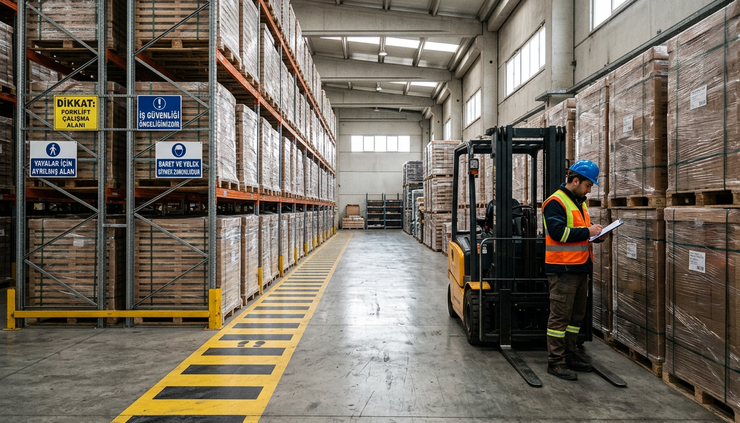 Göz hizasında görünümde depoda zemin çizgileri ve forklift yolu görülüyor.