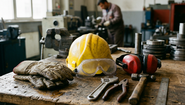 Close-up view of safety gloves and a hard hat beside workshop tools