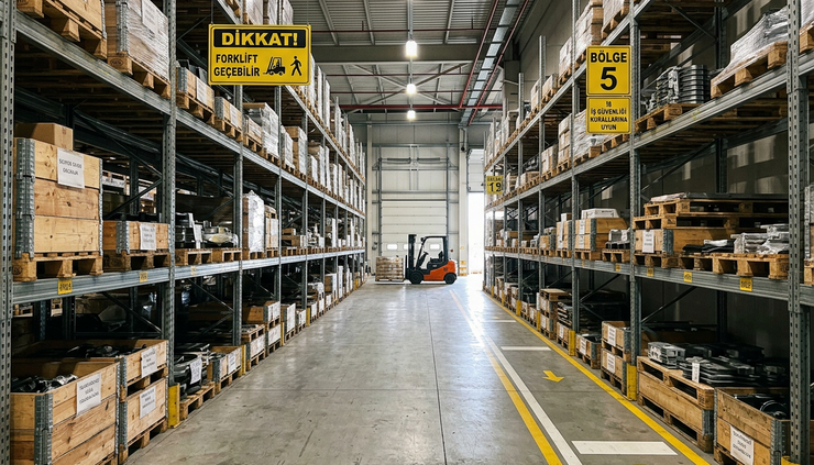 Eye-level view of a warehouse aisle with pallet racks and visible safety markings