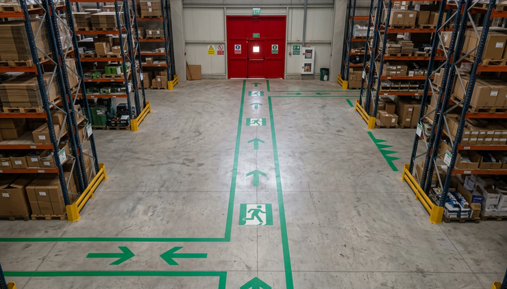Overhead view of marked evacuation arrows on a warehouse floor