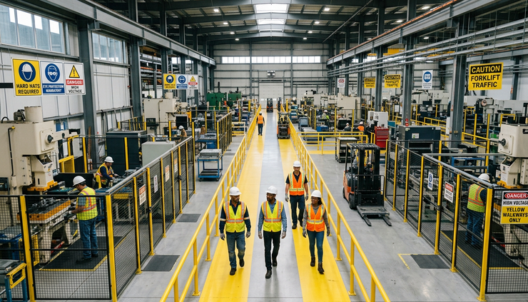 Wide-angle view of a factory floor with clearly marked pedestrian paths and safety barriers