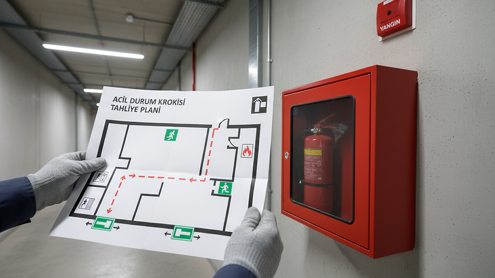 Close-up view of hands checking a printed evacuation layout near fire safety equipment