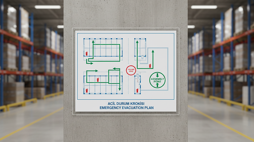Eye-level view of evacuation arrows and emergency symbols on a wall plan in a warehouse passage