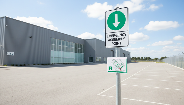 Eye-level view of an outdoor emergency assembly point sign near a safe open area