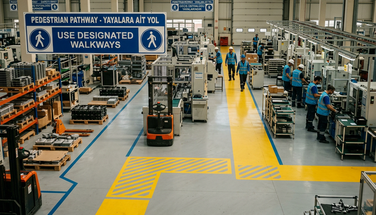 High-angle view of marked walking paths inside a light industrial production area