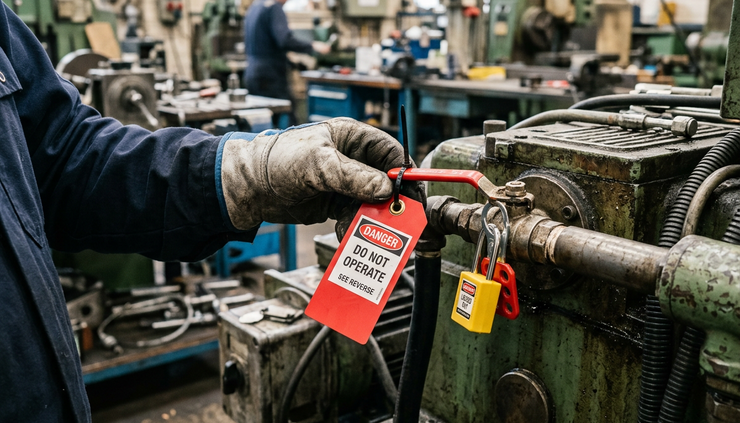 Close-up of a gloved hand placing a warning tag on industrial equipment