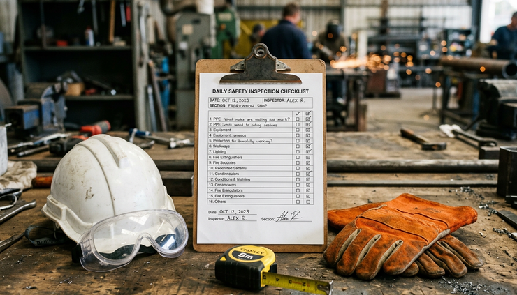 Close-up view of a safety checklist on a clipboard beside protective gloves and a helmet