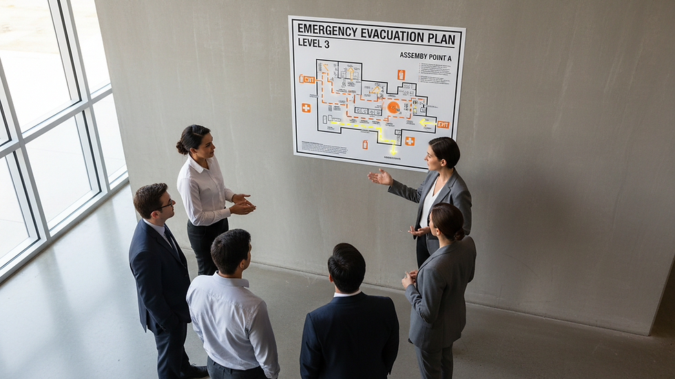 High angle view of emergency evacuation map on a wall