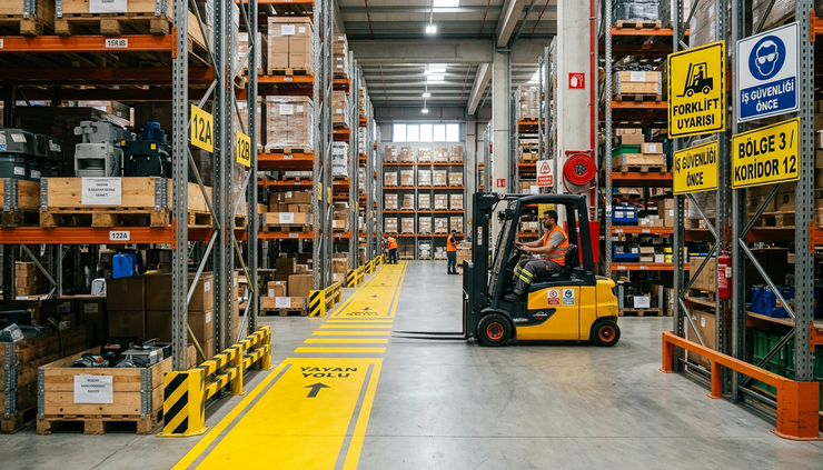 Eye-level view of marked pedestrian pathway inside a warehouse