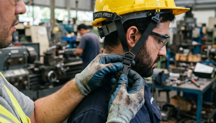 Close-up of gloved hands fastening a safety helmet strap in a workshop