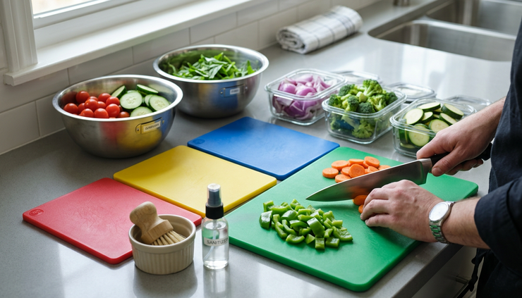 Close-up view of clean food preparation tools arranged on a sanitized kitchen counter