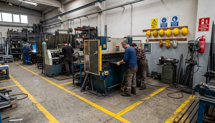 Wide-angle view of a metal workshop with safety signs and marked walking paths