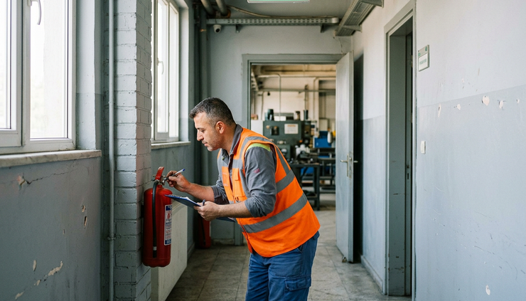 Eye-level view of a worker inspecting a fire extinguisher in a workshop corridor