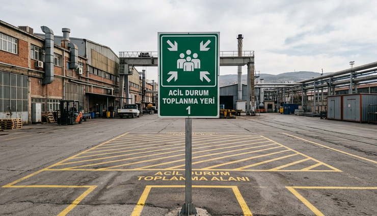 Wide-angle view of an emergency assembly point in a factory yard