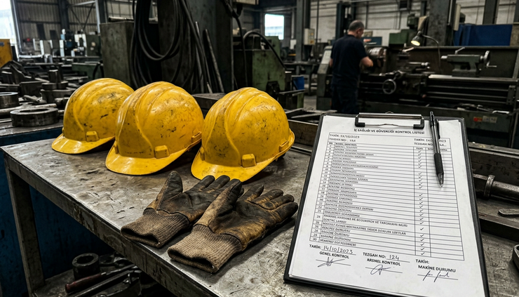Close-up view of safety helmets and protective gloves placed beside a marked inspection checklist