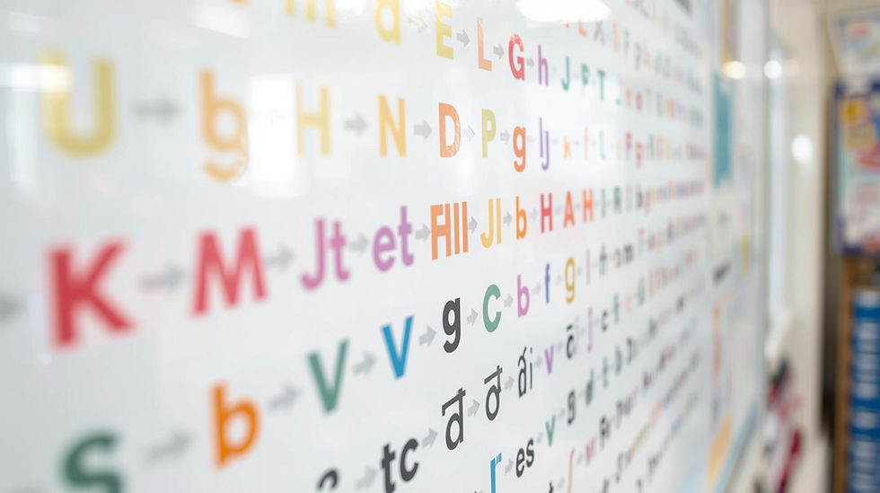 Eye-level view of a classroom whiteboard with phonics charts