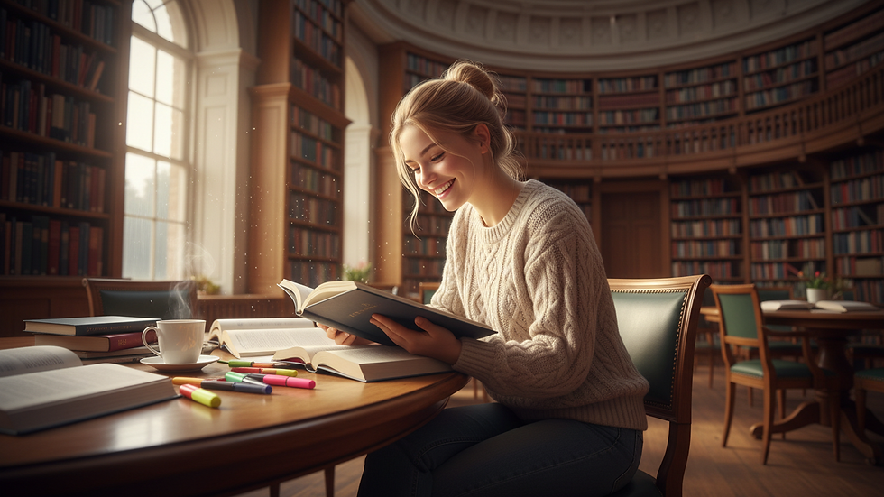 Eye-level view of a student reading a book in a quiet library